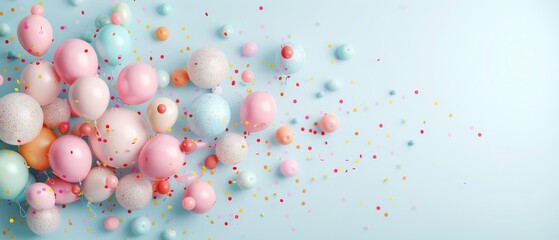 Colorful balloons and confetti on a pastel background, perfect for celebrations, parties, and festive occasions.