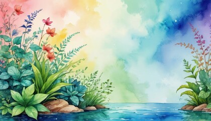 Watercolor Painting of Floral Landscape with Lake and Sky.