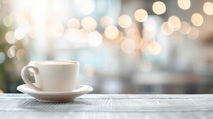 Cozy coffee cup on a wooden table with blurred background and bokeh lights, representing a warm and inviting atmosphere.