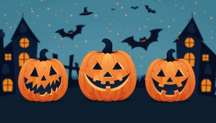 Three carved pumpkins with spooky faces sit in front of haunted houses and flying bats under a starry night sky, perfect for Halloween.
