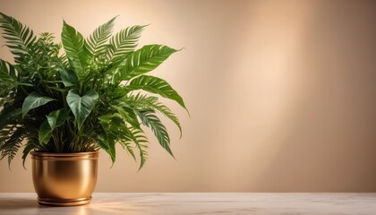 Fototapeta premium Lush Green Plant in Gold Pot on a Light Wooden Table.