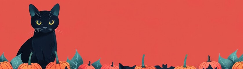 Black cat with pumpkins on red background, perfect for Halloween-themed designs or autumn decorations.