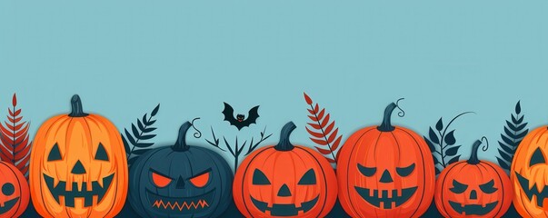 Colourful Halloween pumpkins with carved faces and decorative elements on a blue background.