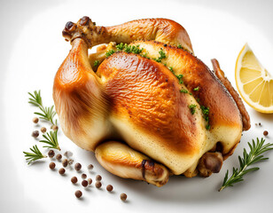 白色背景感恩节餐盘上美味的烤火鸡