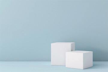 Minimalist background with two white cubes for product display.