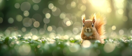Fototapeta premium Cute squirrel sitting on the grass with a bokeh background, captured during a bright sunny day in a tranquil forest setting.