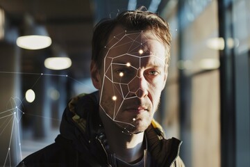 A facial recognition grid overlay on a human face, highlighting key points, Generative AI 