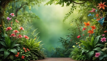 Fototapeta premium Jungle Floral Frame with Wooden Plank