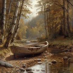 Jon Boat at Rest by a Secluded Creek - Peaceful Fishing Spot