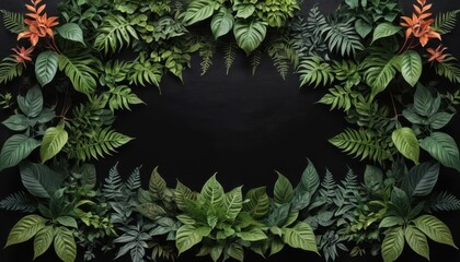 Tropical Leaves Frame on Black Background.