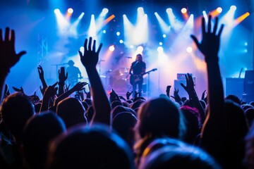 Crowd of Fans at a Concert with Bright Stage Lights