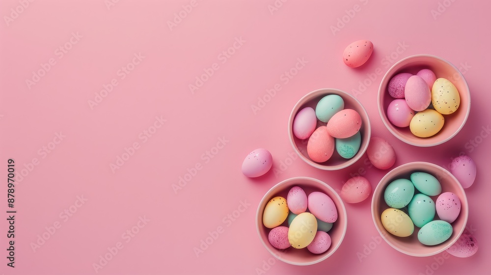 Poster easter card with tiny eggs in three bowls on pink background with space for text