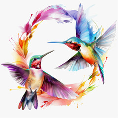 Vibrant Watercolor Painting of Two Hummingbirds in Flight with Colorful Swirls