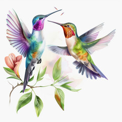 Obraz premium Vibrant Watercolor Painting of Two Hummingbirds in Flight with Colorful Swirls