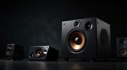A loudspeaker music system for surround sound home theatre system placed in dark background with copy space, sound system banner design

