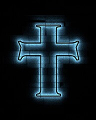 Fototapeta premium Neon shine christian cross on brick wall. Religion concept illustration. 3D render