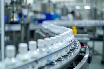 Conveyor Belt With White Bottles in a Factory