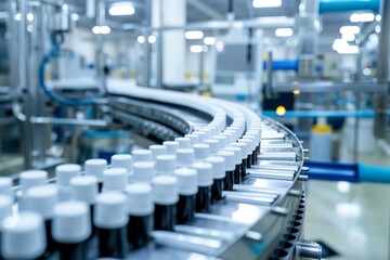 Obraz premium Conveyor Belt with Bottles in a Modern Factory