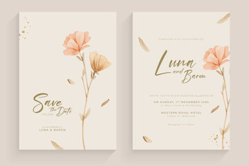 Wedding Invitation Template with Brown Flower Watercolor