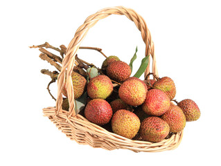 A basket of summer fruit lychees on a white background