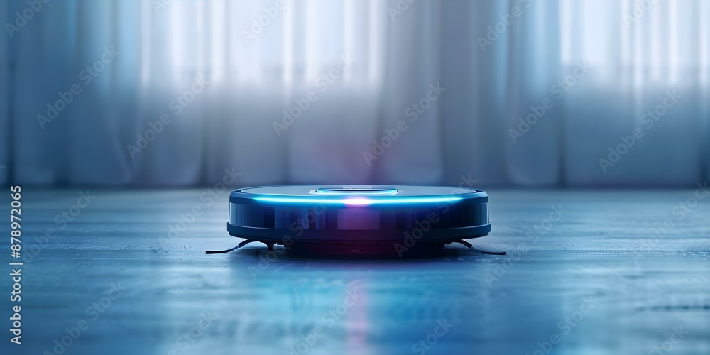 Poster futuristic robot vacuum with wireless connectivity and advanced hud data controls. concept robot vac