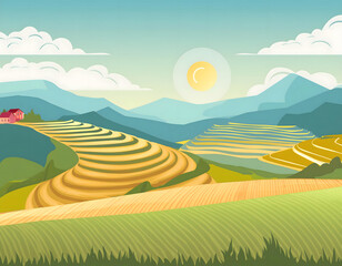 Obraz premium 夏日蓝天白云下的梯田卡通插画