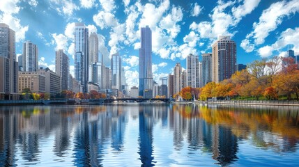 Obraz premium a city with a lot of tall buildings and a reflecting pool of water in the middle of the street in front of it is a blue sky with white clouds