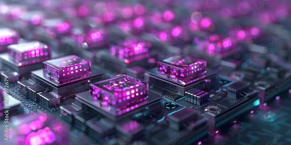 Poster web3 temple with cryptocurrency mining rigs and blockchain devices in purple. concept technology, cr