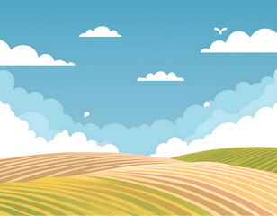 Obraz premium 夏日的蓝天白云草地卡通插画