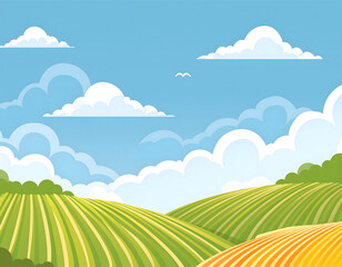 Obraz premium 夏日的蓝天白云草地卡通插画