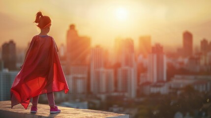 Plakat A young girl in a red cape stands on a rooftop overlooking a city at sunset