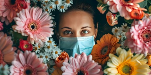 Woman in medical mask surrounded by flowers symbolizing allergy awareness. Concept Health Awareness, Allergies, Medical Precautions, Masking Up, Flower Power