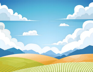 夏日的蓝天白云草地卡通插画