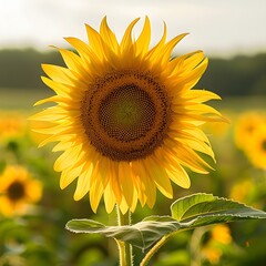 Obraz premium Vivid Sunflower in Bloom: Bright Yellow Petals and Detailed Seed Pattern Against a Sunny Field Background
