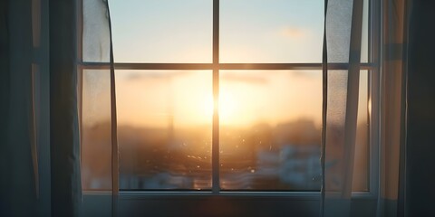 Timelapse animation of sunset view with music background through window. Concept Sunset Timelapse, Music Background, Window View, Relaxing Atmosphere