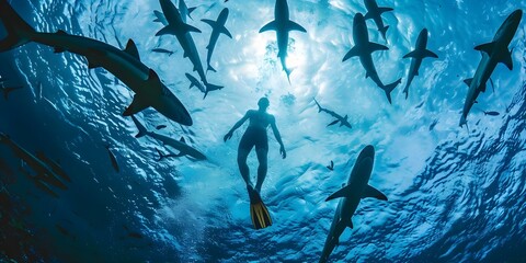 Swimmer surrounded by sharks in the ocean. Concept ocean wildlife, swimming with sharks, underwater adventure