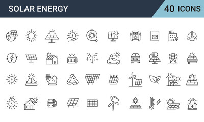 Solar Energy Line Editable Icons set. Solar panel, green energy, battery, renewable energy, energy-saving, electric, collection. Vector illustration.