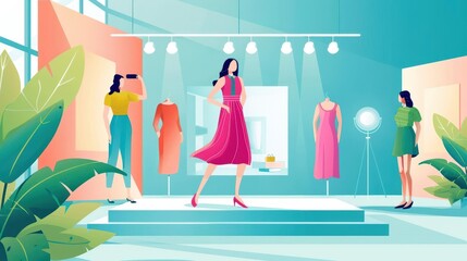 Fashion influencer livestreaming a virtual runway show with realtime purchase options, interactive online shopping, ecommerce fashion, digital engagement