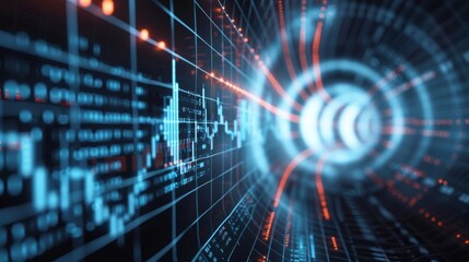 Obraz premium Futuristic digital data stream tunnel with glowing lights and numerical patterns, representing technology, big data, and information flow.