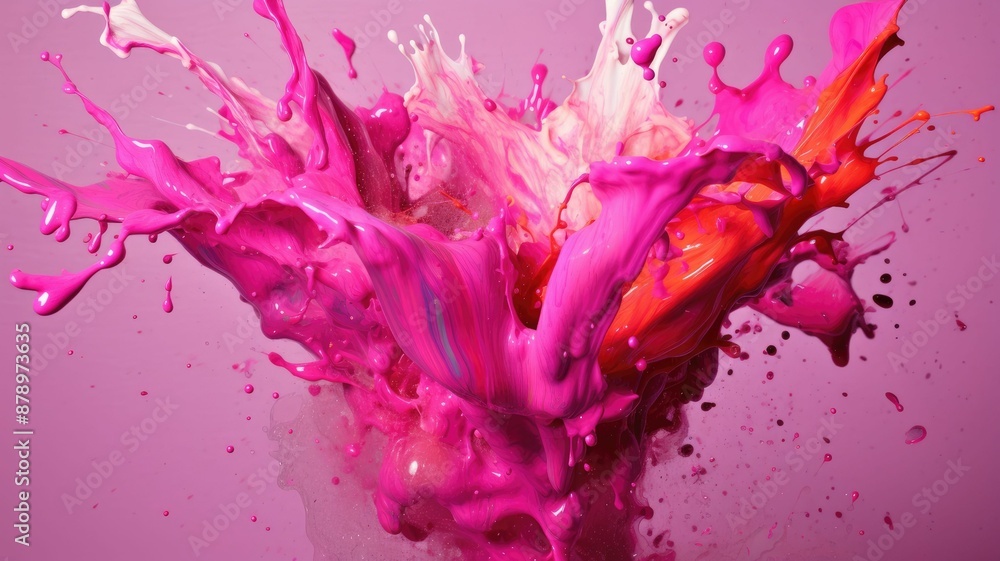 Poster fluid art explosion in pink and orange tones. abstract artwork of explosion colored powder motion se