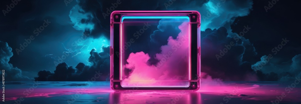 Poster neon frame with clouds and lightning.