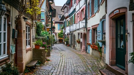Fototapeta premium A narrow cobblestone street in a historic European town, flanked by charming old buildings and quaint shops.
