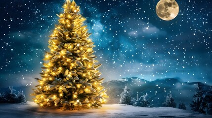 Naklejka premium Beautifully decorated Christmas tree with full moon in snowy mountains under starry night sky