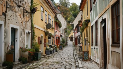 Obraz premium A narrow cobblestone street in a historic European town, flanked by charming old buildings and quaint shops.