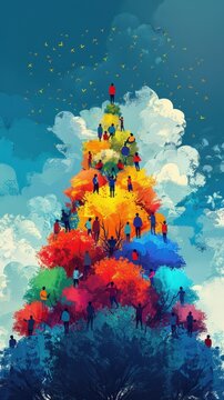 Vibrant tree of life illustration with people standing among colorful branches, symbolizing unity and diversity under a starry sky.