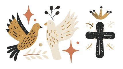 Fototapeta premium Artistic illustration of two birds, a crown, and a cross symbolizing peace and spirituality.