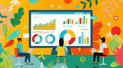 Flat design illustration of a digital marketing strategy session. The image shows marketers analyzing data on a large screen, with charts and metrics. The design uses clean lines and vibrant colors