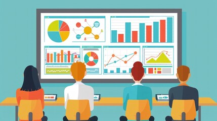 Flat design illustration of a digital marketing strategy session. The image shows marketers analyzing data on a large screen, with charts and metrics. The design uses clean lines and vibrant colors