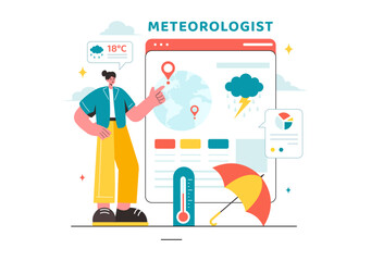 Meteorologist Vector Illustration with Weather Forecast and Atmospheric Precipitation Map in a Flat Style Cartoon Background Design