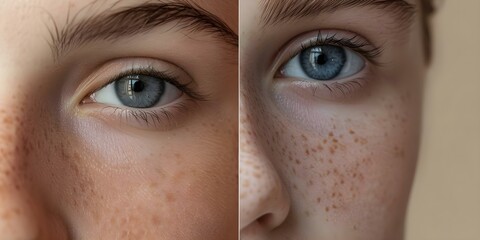 Naklejka premium Comparison images show skin improvement from regular serum use. Concept Skincare Results, Before and After, Serum Benefits, Skin Transformation, Visible Improvement,